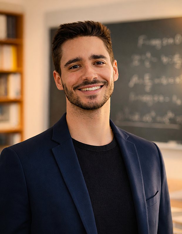 Lucas Parisi, fondateur de Professor+, devant un tableau à Monaco