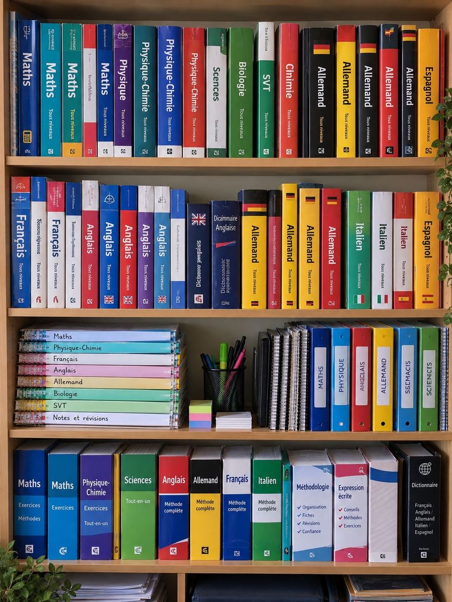 Textbooks and revision folders used in Professor+ lessons: maths, physics, chemistry, biology, English, German, Spanish and Italian