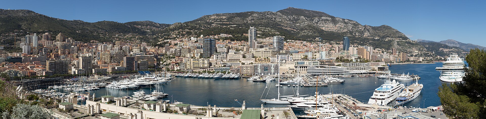 Vue panoramique du port et de la ville de Monaco, photographiée en 2015